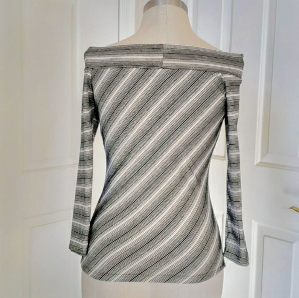Vintage 90s Off Shoulder Metallic Stripe Top Black Gold Shimmer XS S - Picture 6 of 8